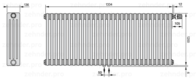 Схема (чертеж) Радиатор Zehnder Charleston 4120/29 №V008 Белый глянцевый RAL 9016
